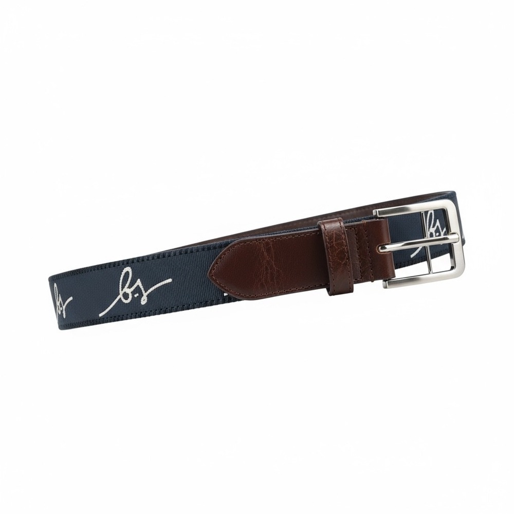 Boston Scott Men's‎ Blue Signature Logo Belt Brown Leather Buckle Silver Tone